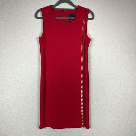 Cartise Lipstick Red Sleeveless Shift Dress with Gold Metal Bar Ladder Detail 2 - Picture 1 of 9
